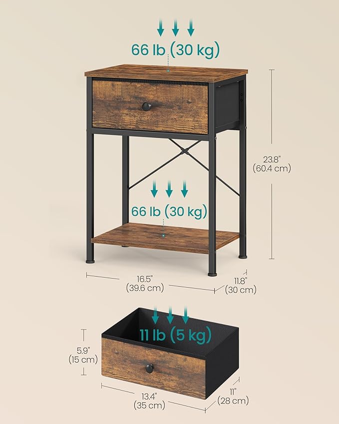 SONGMICS Bedside Table, Side End Table with Drawer, Nightstand with Lower Shelf for Bedroom, Living Room, 11.8 x 15.6 x 23.8 inches, Rustic Brown, BELLAH Collection ULGS101K101S