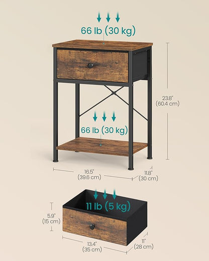 SONGMICS Bedside Table, Side End Table with Drawer, Nightstand with Lower Shelf for Bedroom, Living Room, 11.8 x 15.6 x 23.8 inches, Rustic Brown, BELLAH Collection ULGS101K101S
