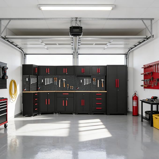 Garage Storage Cabinet System,16PCS Garage Cabinets and Storage System Corner Workshop Set with Corner Cabinet, Cabinet Drawers, Workbench, Pegboard for Tool Organization, Black Red