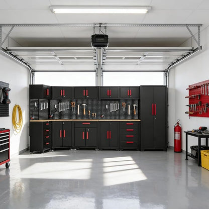 Garage Storage Cabinet System,16PCS Garage Cabinets and Storage System Corner Workshop Set with Corner Cabinet, Cabinet Drawers, Workbench, Pegboard for Tool Organization, Black Red