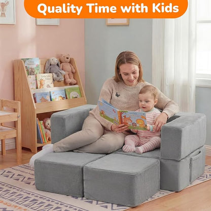 MeMoreCool Kids Play Couch Sofa – Grey Modular Convertible Foam Couch Soft Fold-Out Toddler Seating for Creative Play, Reading, Resting & Playroom Fun