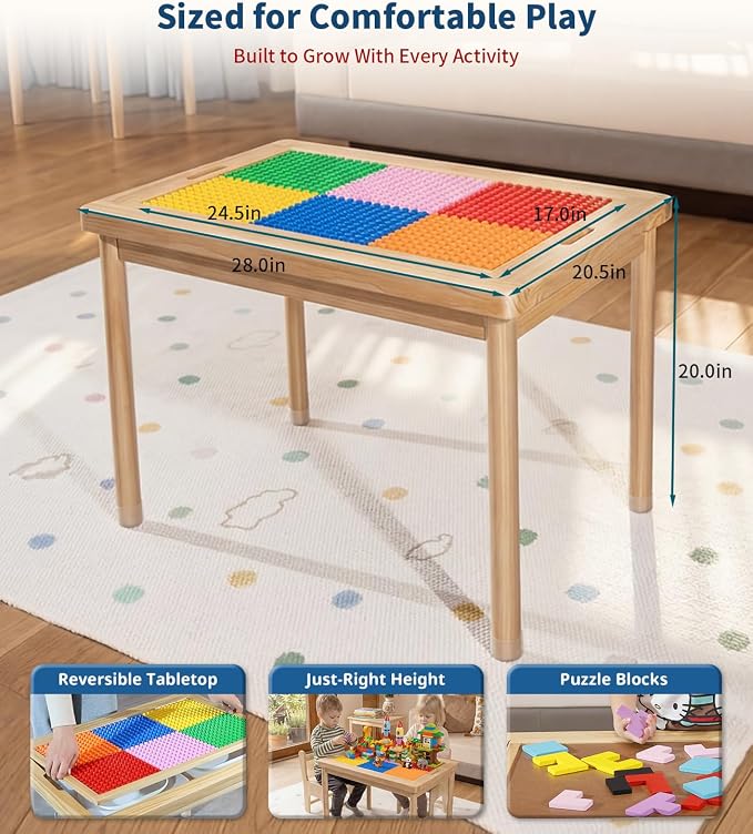JOIN&JOY 28" Kids Activity Table, Compatible with Lego & Duplo Bricks, 4 Foldable Storage Bins, Premium Solid Pine Wood Play Desk, Reversible Tabletop for Multi-Child STEM Learning & Crafts