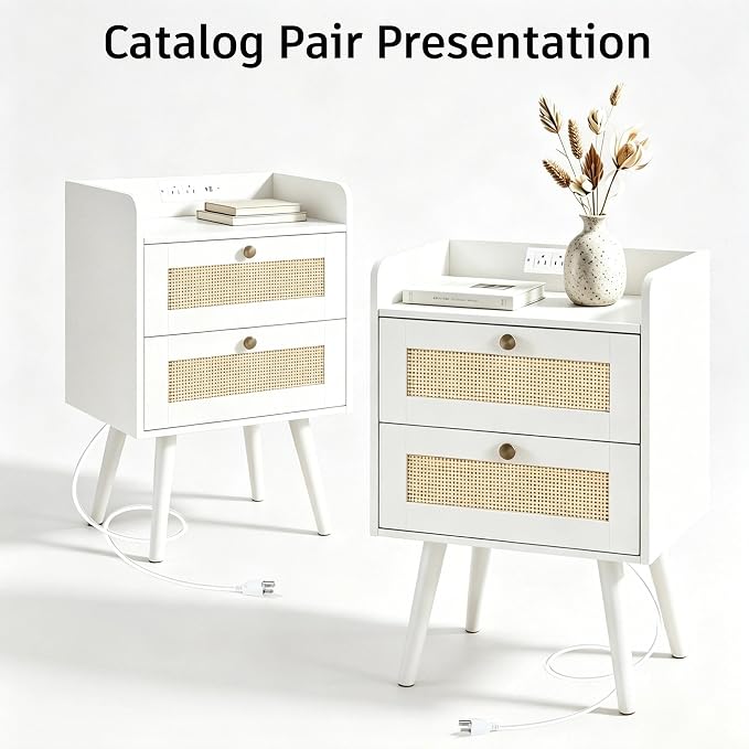 Nightstands Set of 2 with Charging Station, Modern Boho Rattan Bedside Tables with 2 Drawers,Open Storage End Tables for Bedroom, Small Spaces and Dorm, Solid Wood Legs,White