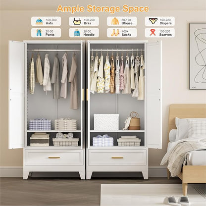 COFaR 71 Farmhouse Metal Wardrobe Closet with Hanging Rod, 2 Barn Doors, Adjustable Shelves, Steel Armoire with Drawer for Home, Bedroom White