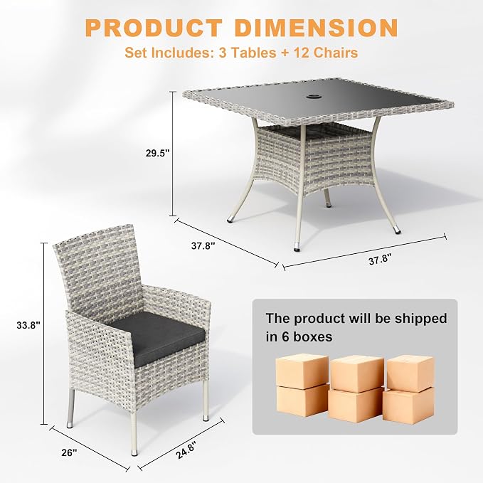 15-Piece Patio Dining Set with Square Tempered Glass Table Patio Furniture Set with 12 Wicker Chairs, Expandable Design for Larger Groups, Outdoor Furniture for Backyard, Deck, Garden, Dark Grey