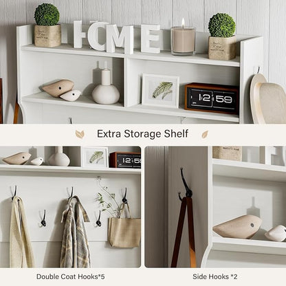 4ever2buy Farmhouse Hall Tree with Bench 5-in-1 Entryway Bench with Coat Rack with Sliding Barn Doors Entryway Coat Rack with Shoe Storage