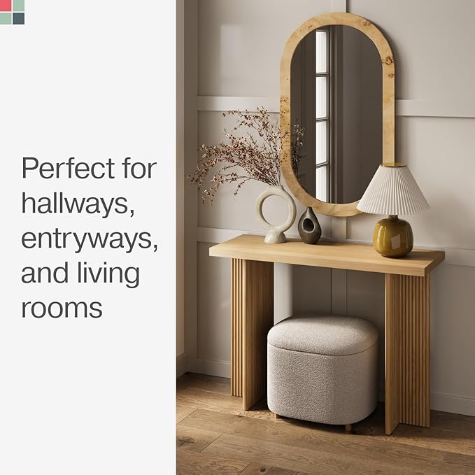 Stead Modern Console Table - Natural Oak, Fluted Solid Wood - Slim Entryway Table with Drawers & Curved Cross Base