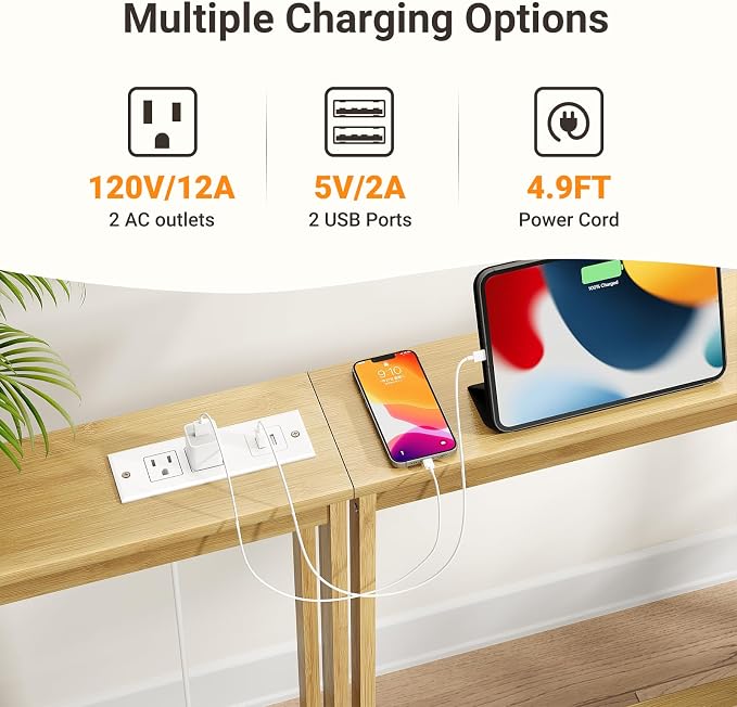 ELYKEN Bamboo Narrow Console Table with Charging Station, Slim Sofa Table Behind Couch, Entryway Table with Outlets for Living Room, Hallway, 5.9 x 39.4 x 31.1in, Natural