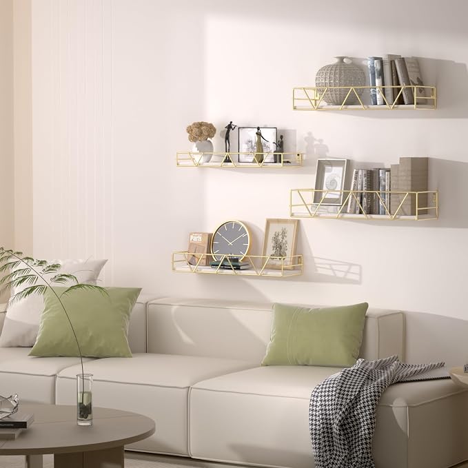 Amaoot Floating Shelves Set of 3, Home Wood Wall Shelf, Farmhouse Shelf for Bedroom, Wall Mounted Floating Shelf for Living Room, Bedroom, Bathroom, Kitchen, Office (Gold-4pcs)