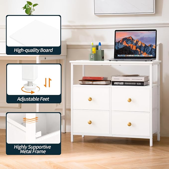 Yoobure Night Stand with Charge Station, Nightstand with 4 Drawers Bedside Table, LED Dresser with Storage Shelf, Night Stands for Bedroom, Side Table 3-Tier Wood End Table for Home, Office White