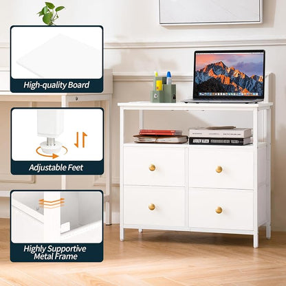 Yoobure Night Stand with Charge Station, Nightstand with 4 Drawers Bedside Table, LED Dresser with Storage Shelf, Night Stands for Bedroom, Side Table 3-Tier Wood End Table for Home, Office White
