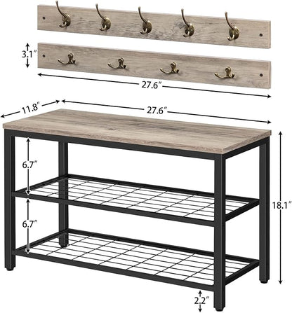HOOBRO Hall Tree with Bench, Coat Rack Shoe Bench Set, Entryway Shoe Rack with Coat Hooks, Hall Tree Coat Rack, 27.6" L x 11.8" W x 18.1" H, Mud Room, for Foyer, Front Door, Greige BG07MT01