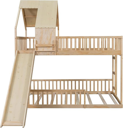 SOFTSEA House Bunk Bed with Slide, Full XL Over Queen Wood Floor Bunk Bed Frame with Roof, Guardrails and Ladder, Space-Saving, Natural