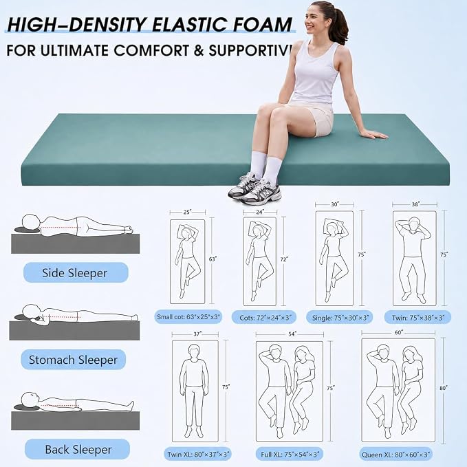 CYMULA 3 Inch Memory Foam Camping Pad, Camping Essentials Roll Up Floor Mat for Car Camping, Cot, Tent, Truck, Travel and Guest Use, Non-Slip Waterproof Bottom, Removable Cover