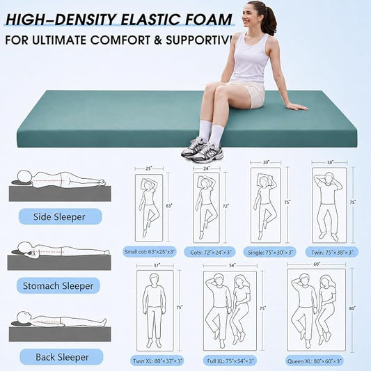 CYMULA 3 Inch Memory Foam Camping Pad, Camping Essentials Roll Up Floor Mat for Car Camping, Cot, Tent, Truck, Travel and Guest Use, Non-Slip Waterproof Bottom, Removable Cover