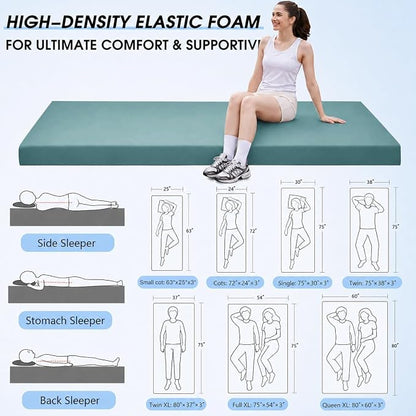 CYMULA 3 Inch Memory Foam Camping Pad, Camping Essentials Roll Up Floor Mat for Car Camping, Cot, Tent, Truck, Travel and Guest Use, Non-Slip Waterproof Bottom, Removable Cover