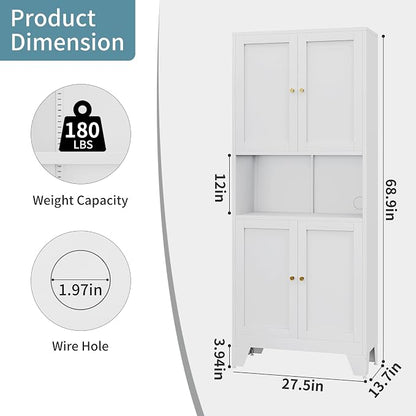 69" Tall Metal Pantry Cabinet with Microwave Stand,Microwave Storage Cabinet with 4 Doors & 3 Adjustable Shelves for Kitchen (4doors-White, 13.78" D x 27.54" W x 68.9" H)