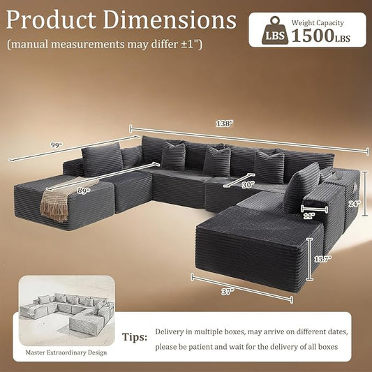 138" Cloud Sectional Couch, Comfort U Shaped Sofa for Living Room, Extra Deep Seats No Assembly, Minimalist Modular Couch, Corduroy (Dark Grey, 8 Seats,U-Shape A)