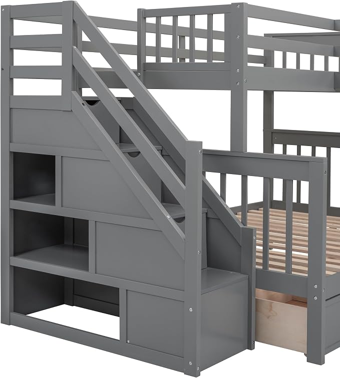L-Shaped Bunk Bed for 4 Kids, Twin-Twin Over Full with 3 Drawers, Portable Desk and Wardrobe, Solid Wood Bedframe with Stairs and Full-Length Guardrails, No Box Spring Needed (Gray)