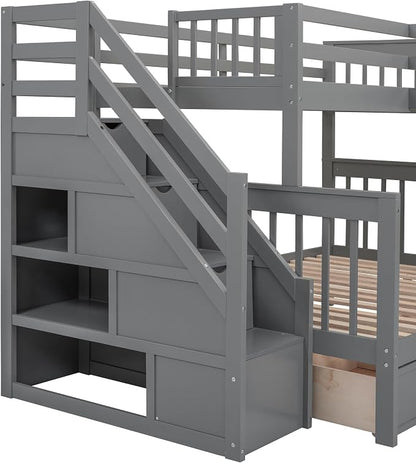 L-Shaped Bunk Bed for 4 Kids, Twin-Twin Over Full with 3 Drawers, Portable Desk and Wardrobe, Solid Wood Bedframe with Stairs and Full-Length Guardrails, No Box Spring Needed (Gray)