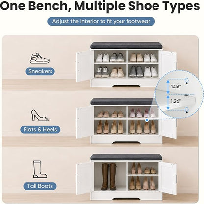 DUMOS 28" Shoe Storage Bench, Entryway Shoe Organizer Cabinet with Padded Seat Cushion, Adjustable Shelf and 2 Doors, Compact Storage Bench for Small Spaces, Hallway, Bedroom, Living Room, White
