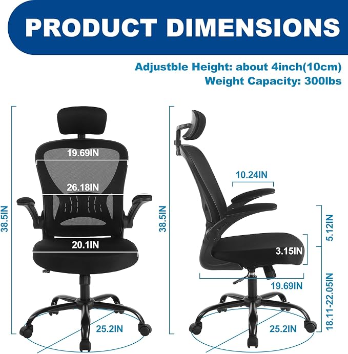 Youhauchair Mesh Office Chair, Ergonomic Computer Chair with Flip-up Arms and Lumbar Support, Height Adjustable Home Office Desk Chairs