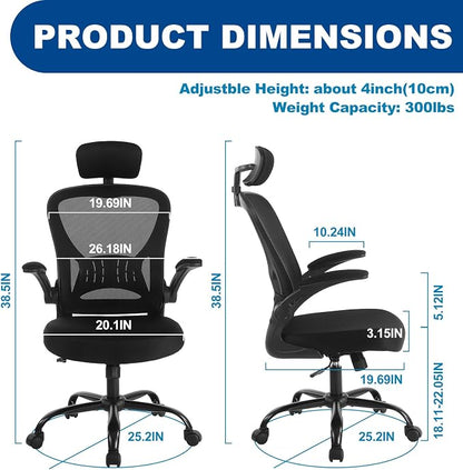 Youhauchair Mesh Office Chair, Ergonomic Computer Chair with Flip-up Arms and Lumbar Support, Height Adjustable Home Office Desk Chairs