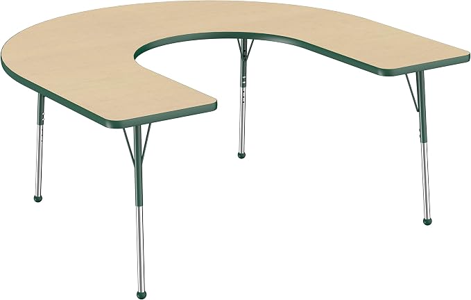 FDP Horseshoe Activity School and Office Table (60 x 66 inch), Standard Legs with Ball Glides for Collaborative Seating Environments, Adjustable Height 19-30 inches - Maple Top and Green Edge