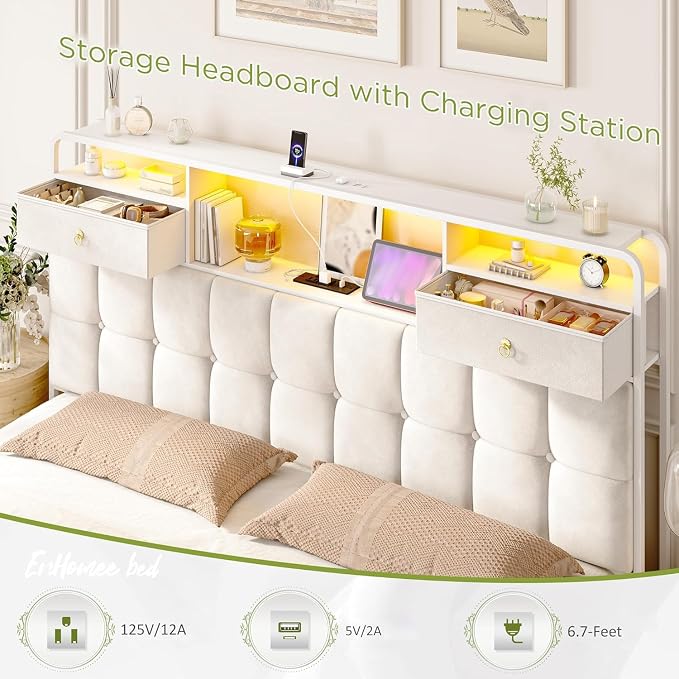 EnHomee King Size Bed Frame with 6 Storage Drawers and LED Lights,Bed Frame King Size with Velvet Upholstered Headboard and Charging Station,No Box Spring Needed,Noise-Free,Easy Assembly,Modern,Beige