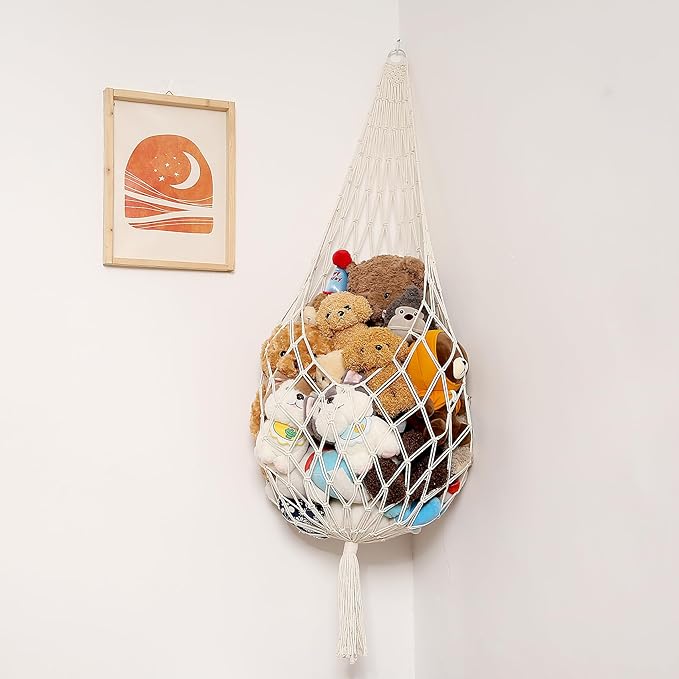 Amdermi Stuffed Animal Storage Organizers Toy Hammock Corner Hanging Net Stuffy Animal Hammock Macrame Toy Display Plush Toy Holder Wall, Kid Bedroom Decor Boho Nursery Playroom Organizer (Cream XL)