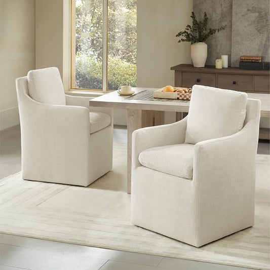 KISLOT Upholstered Dining Chairs with Casters, No Assembly Modern Accent Armchair with Rollers for Dining Room, Bedroom, Living Room, Reading Room, Already Assembled, Beige, 2 Box