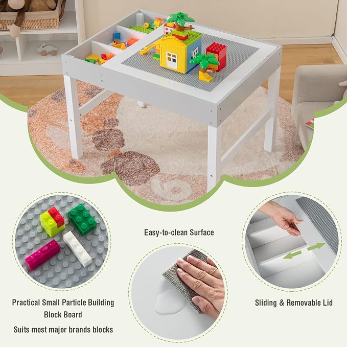 HONEY JOY Kids Table, 3 in 1 Toddler Wooden Activity Table, Convertible Building Block Tabletop, 3 Storage Compartments, Children Furniture Set for Daycare, Playroom (White)