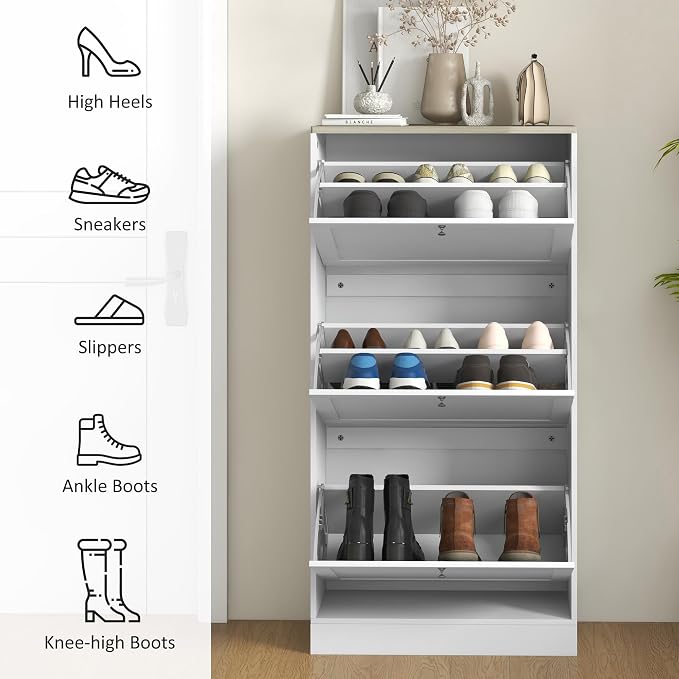 HOMCOM Shoe Storage Cabinet with 3 Flip Drawers, Wooden Freestanding Shoe Organizer with Adjustable Shelves for Entryway, Hallway, White
