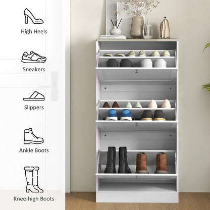 HOMCOM Shoe Storage Cabinet with 3 Flip Drawers, Wooden Freestanding Shoe Organizer with Adjustable Shelves for Entryway, Hallway, White
