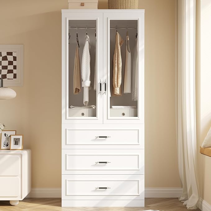 MEISSALIVVE Armoire Wardrobe Closet with 2 Door & 3 Drawers, 74.8" Large Wardrobe Cabinet with Hanging Rod, Freestanding Modern Bedroom Armoire Storage Cabinet, White