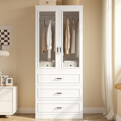 MEISSALIVVE Armoire Wardrobe Closet with 2 Door & 3 Drawers, 74.8" Large Wardrobe Cabinet with Hanging Rod, Freestanding Modern Bedroom Armoire Storage Cabinet, White
