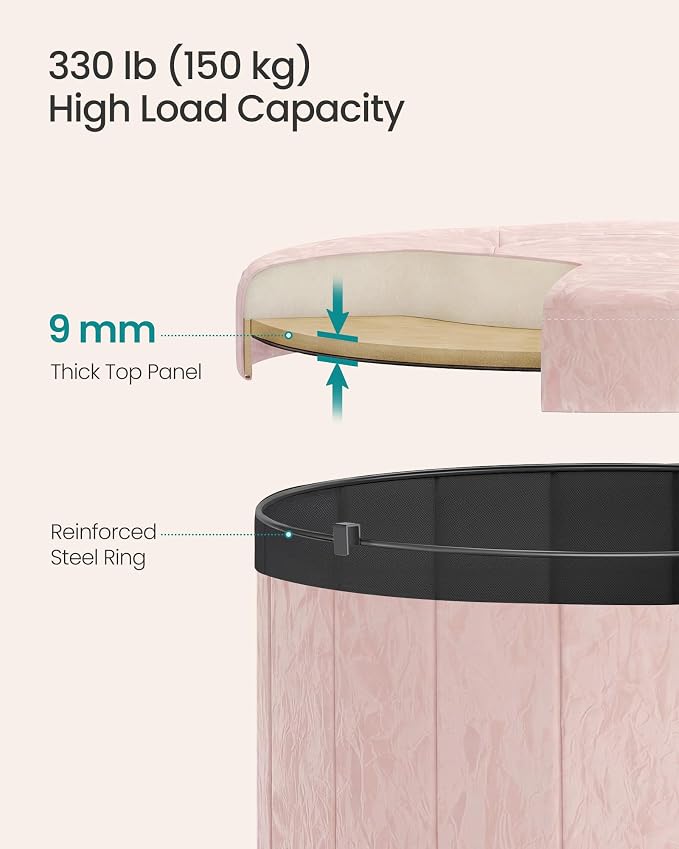SONGMICS Mazie Collection - Round Storage Ottoman, Folding Footrest Stool with Removable Lid, Easy Assembly, PU Leather Vanity Stool for Bedroom, Living Room, Entryway, Jelly Pink ULSF609SA01