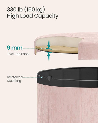 SONGMICS Mazie Collection - Round Storage Ottoman, Folding Footrest Stool with Removable Lid, Easy Assembly, PU Leather Vanity Stool for Bedroom, Living Room, Entryway, Jelly Pink ULSF609SA01