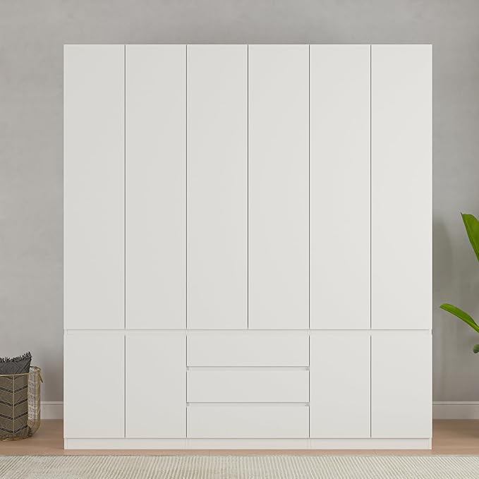 Bobve78 H Large 6 Doors Wooden Wardrobe, Armoire Wardrobe Closet with Drawers, Hanging Rod and Shelves, Bedroom Freestanding Armoire Closet Organizer, White
