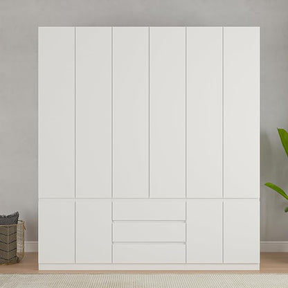 Bobve78 H Large 6 Doors Wooden Wardrobe, Armoire Wardrobe Closet with Drawers, Hanging Rod and Shelves, Bedroom Freestanding Armoire Closet Organizer, White