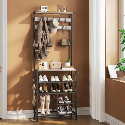 GiftGo Vintage Large 5-Tier Hall Tree with Console Table Entryway Coat Rack Floor Standing Shoes Rack Storage Shelf Organizer for Home Office Bedroom (Greige)