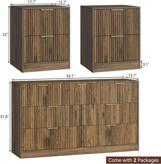 7 Drawer Dresser & Nightstand Set 3-Piece, 55” Wide Bedroom Dresser and Night Stand Set of 2 with Metal Handle, Fluted Modern Wood Chest of Drawers Storage Dressers Set for Bedroom, Walnut