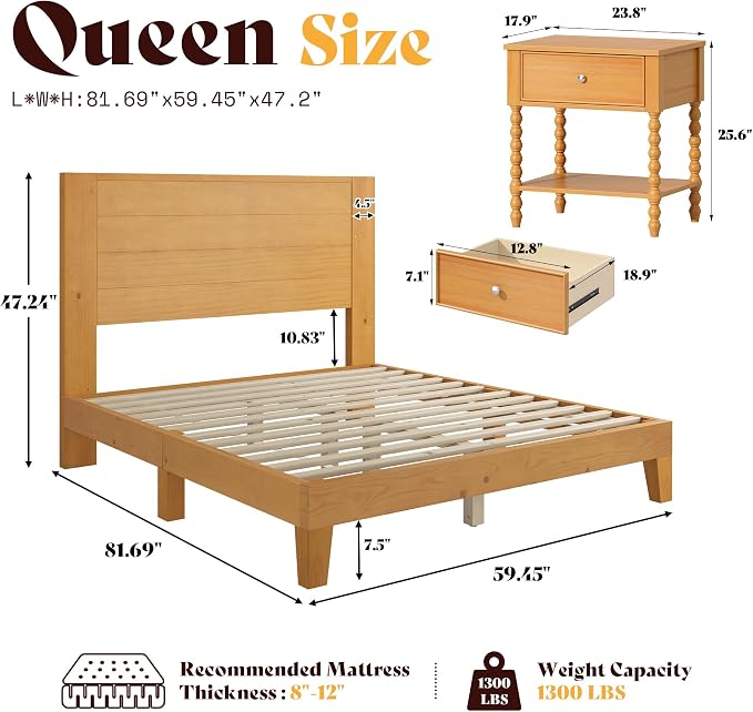 AMERLIFE 3 Piece Queen Bedroom Set, Solid Wood Platform Bed Frame & Nightstand Set of 2, Mid Century Modern Wooden Bedroom Furniture Set, No Box Spring, Noise-Free, Natural