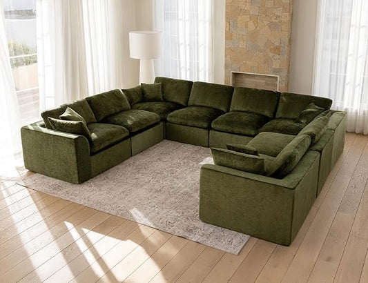 Modular Sectional Sofa – Oversized Modern Cloud Couch with Deep Chenille Seats, U-Shaped Boneless Sofa, Pet-Friendly, No Assembly, Olive Green (8 Seater)