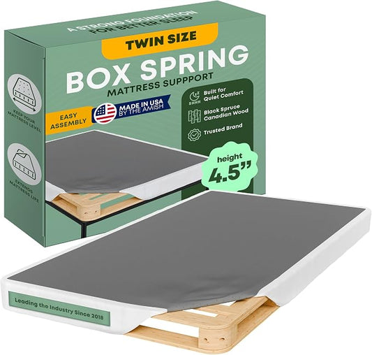 Greaton, 4.5” Twin Box Spring Only for Twin Size Bed – Amish-Made in the USA – Solid Wood Mattress Foundation with Stable & Quiet Support – Flat-Packed & Easy Assembly – White