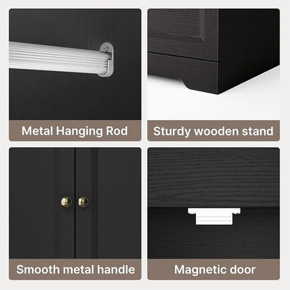 Gizoon Wood Wardrobe Closet with Full Length Mirror, Wooden Armoire with Hanging Rod & 2 Drawers, Bedroom Clothing Storage Cabinet, Anti-tip, Mirror Can Be Installed on Left/Right Door Freely, Black