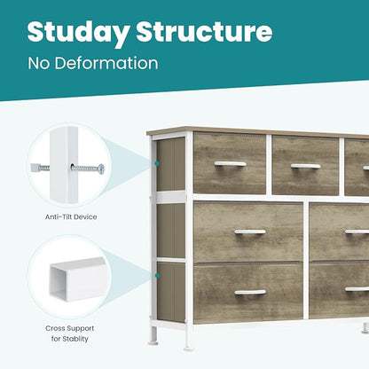 OLIXIS 7 Drawers Fabric Dresser for Bedroom, Storage Tower Organizer for Living Room & Entryway, Sturdy Steel Frame, Wooden Top & Easy-Pull Bins, Closet Chest for Clothes, Oak Greige