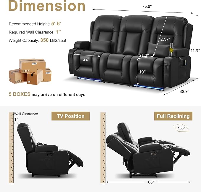 URRED Power Loveseat Recliner Sofa with Massage and Heat, Wall Hugger Reclining Loveseat with Console, RV Couch Home Theater Seating with LED Lights for Living Room (Black, 76.8" - 3 Seats)