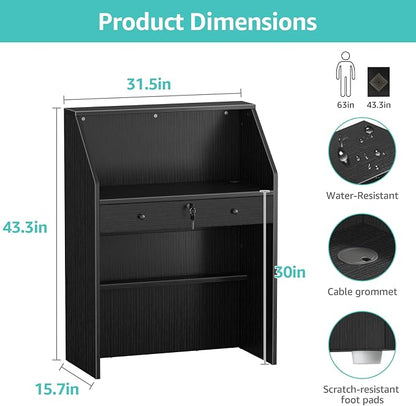 Small Black Reception Desk with Counter and Lock & Drawer for Salon 31.5 Inch Front Table Modern Standing Receptionist Room Tables Checkout Counter for Retail Store, Spa, Office