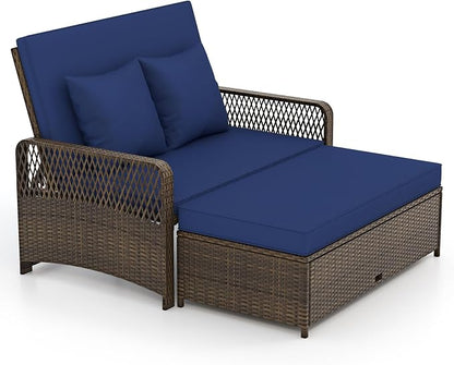 Tangkula Patio Rattan Daybed with 4-Level Adjustable Backrest, 2-Person Outdoor Wicker Loveseat with Storage Ottoman & Soft Cushions, Double Sunbed Lounger for Backyard, Porch, Poolside (Navy)